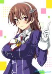  1girl ashigara_(kancolle) ashigara_kai_ni_(kancolle) breasts brown_eyes brown_hair gloves hairband ishihara_masumi jacket juliet_sleeves kantai_collection large_breasts long_hair long_sleeves military military_uniform multicolored_neckerchief neckerchief print_neckerchief puffy_sleeves purple_jacket smile solo uniform upper_body wavy_hair white_gloves white_hairband 