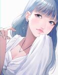  1girl bangs blouse blue_eyes blue_hair blunt_bangs breasts cleavage closed_mouth fingernails grey_nails hand_up highres jewelry long_hair looking_at_viewer nail_polish necklace original shirt simple_background solo tsunko_(9v2_q) white_background white_shirt 