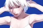  1girl bare_arms blue_background blue_eyes blue_nails closed_mouth fingernails half-closed_eyes hand_in_own_hair hands_up high_contrast nail_polish original short_hair simple_background solo tsunko_(9v2_q) white_hair 