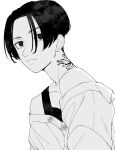  1boy bare_shoulders bob_cut closed_mouth greyscale highres looking_at_viewer male_focus monochrome neck_tattoo off_shoulder sano_manjirou shirt short_hair simple_background solo tattoo tokyo_revengers tsunko_(9v2_q) upper_body white_background 