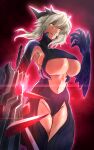  1girl absurdres artoria_pendragon_(fate) artoria_pendragon_(lancer_alter)_(fate) aura black_bodysuit blonde_hair bodysuit braid breasts center_opening fate/grand_order fate_(series) french_braid gauntlets glowing glowing_eyes grin hair_between_eyes highres horns lance large_breasts long_hair looking_at_viewer navel polearm revealing_clothes ribbed_bodysuit shibao_aoyama sidelocks skindentation smile solo thighs underboob weapon yellow_eyes 