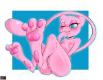  2016 3_toes anthro anus artist_name big_feet bite blue_background blue_eyes blue_glow blush bodily_fluids border breasts butt clitoris digital_media_(artwork) digitigrade dripping drooling eyelashes feet female finger_bite finger_in_mouth fingers flame-lonewolf foot_focus fur genital_fluids genitals hi_res hindpaw humanoid_hands legendary_pok&eacute;mon looking_at_self masturbation mew nintendo nipples nude one_eye_closed pawpads paws pink_body pink_fur pink_pawpads pok&eacute;mon pok&eacute;mon_(species) pok&eacute;morph pussy pussy_juice saliva saliva_drip simple_background small_breasts soles solo teeth toes vaginal vaginal_masturbation video_games white_border 