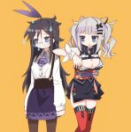  2girls @_@ black_hair blue_eyes blue_ribbon blush bow breasts brown_legwear cleavage cleavage_cutout closed_mouth clothing_cutout collared_shirt grey_hair hair_bow hair_ornament hairclip highres japanese_clothes jitome kaguya_luna kimono long_hair long_sleeves multiple_girls narue obi open_mouth pantyhose personification purple_bow purple_eyes purple_skirt red_legwear red_sash ribbon sash shirt short_kimono simple_background siri skindentation skirt suspender_skirt suspenders the_moon_studio thighhighs triangle_mouth twintails white_shirt wing_collar wristband x_hair_ornament yellow_background 