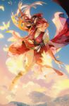  1girl absurdres bare_legs bi_ting_(xia_lan) bird black_footwear blue_sky cloud dress floating flying highres light mountain ponytail red_dress red_hair sky tassel xia_lan xia_lan_bi_ting_chao_hua 