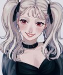  1girl belt_collar black_ribbon blonde_hair blush collar earrings fangs grey_background grin hair_ribbon highres jewelry lipstick looking_at_viewer makeup medium_hair mole mole_under_eye original red_eyes red_lips ribbon simple_background smile solo stud_earrings tsunko_(9v2_q) twintails 