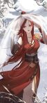  1girl absurdres asymmetrical_sleeves bare_legs bi_ting_(xia_lan) building dress feathers hair_bun highres jingasa mismatched_sleeves red_dress red_eyes red_hair reeds snow upper_body veil white_sky xia_lan xia_lan_bi_ting_chao_hua 