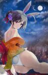  1girl animal_ears ass back bangs bare_legs bare_shoulders barefoot black_hair braid breasts clothes_down cloud flower girls_und_panzer hair_flower hair_ornament isuzu_hana japanese_clothes kemonomimi_mode kimono large_breasts long_hair looking_at_viewer looking_back moon night obi orange_kimono purple_eyes rabbit_ears rabbit_tail sash sitting solo tail yurikuta_tsukumi 