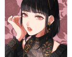  1girl black_hair black_nails bob_cut earrings fingernails flower_earrings hand_up jewelry long_sleeves looking_at_viewer medium_hair nail_polish original parted_lips pink_background red_eyes solo tsunko_(9v2_q) upper_body 