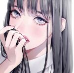  1girl close-up collared_shirt eyelashes fingernails grey_hair hand_up highres long_hair looking_at_viewer nail_polish original parted_lips pink_nails portrait purple_eyes shirt simple_background solo tsunko_(9v2_q) white_background white_shirt wing_collar 