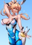  1girl absurdres ahoge alternate_costume arm_up artoria_pendragon_(fate) artoria_pendragon_(swimsuit_ruler)_(fate) bangs bare_shoulders blonde_hair blue_background blue_bodysuit bodysuit breasts collarbone covered_navel eyebrows_visible_through_hair fate/grand_order fate_(series) green_eyes highres jingb_dx large_breasts long_hair looking_at_viewer nipple_slip nipples parted_lips ponytail smile solo sweat 