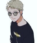  1boy black_shirt blonde_hair closed_mouth ear_piercing earrings jewelry looking_at_viewer male_focus original piercing round_eyewear shirt short_hair simple_background smile solo sunglasses tsunko_(9v2_q) white_background 