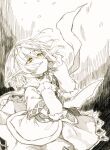  1girl bangs bubble capelet commentary crying dress frilled_sleeves frills frown hair_between_eyes hand_around_neck hand_on_own_face highres long_sleeves looking_up mizuhashi_parsee monochrome one-hour_drawing_challenge pointy_ears sad sakuratsuki scarf sepia short_hair solo teardrop touhou yellow_eyes 