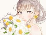  1girl bangs blush closed_mouth earrings floating_hair flower flower_earrings grey_hair holding holding_flower jewelry looking_at_viewer original ponytail portrait purple_eyes simple_background smile solo tsunko_(9v2_q) white_background white_flower 
