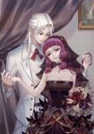  1boy 1girl bare_shoulders black_dress chi_meng_(hua_jianghu_zhi_bei_mo_ting) collar curtains dress expressionless highres hua_jianghu_chiyou_zhuye hua_jianghu_zhi_bei_mo_ting indoors lolita_fashion painting_(object) purple_hair veil white_hair 