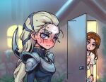  2girls :o alternate_costume armor bangs blush brown_eyes brown_hair can closed_mouth diana_(league_of_legends) door facial_mark forehead_mark glowing grey_hair grey_shirt holding holding_can league_of_legends leona_(league_of_legends) long_hair looking_at_viewer multiple_girls open_door open_mouth outdoors phantom_ix_row shiny shiny_hair shirt shoulder_armor sun_print sweat 