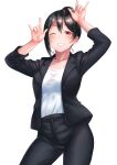  1girl \m/ absurdres arms_up black_hair black_jacket black_pants chishio_(onoderayui) collarbone double_\m/ eyebrows_visible_through_hair hair_bun highres jacket looking_at_viewer love_live! love_live!_school_idol_project nico_nico_nii one_eye_closed pants parted_lips red_eyes shirt smile solo white_background white_shirt yazawa_nico&#039;s_mother 