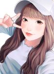  1girl baseball_cap black_eyes brown_hair closed_mouth hand_up hat highres jewelry lipstick long_hair looking_at_viewer makeup original parted_lips red_lips ring shirt simple_background smile solo tsunko_(9v2_q) upper_body v white_background white_headwear white_shirt 