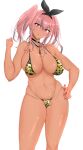  1girl :p animal_print azur_lane bangs bare_shoulders between_breasts bikini black_choker black_hairband blue_background blush breasts bremerton_(azur_lane) cameltoe choker cleavage clenched_hand collarbone commentary_request covered_nipples cowboy_shot ear_piercing eyebrows_visible_through_hair fig_sign fingernails grey_hair groin hair_between_eyes hair_intakes hair_ornament hairband hand_on_hip head_tilt highleg highleg_bikini highleg_swimsuit highres large_breasts long_fingernails long_hair looking_at_viewer mole mole_on_breast multicolored_hair navel piercing pink_eyes pink_hair pink_nails ranhatu red_eyes sidelocks simple_background skindentation smile solo standing stomach streaked_hair swimsuit tan thighs thong_bikini tiger_print tongue tongue_out twintails two-tone_hair undersized_clothes 