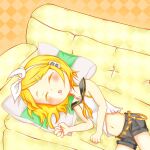 1girl black_pants blonde_hair blush bow closed_eyes couch drooling fuu_maumau hair_bow headphones kagamine_rin lying navel on_side open_mouth pants pillow shirt sleeping solo vocaloid white_shirt 
