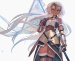  1girl armor bangs bare_shoulders breasts closed_mouth cowboy_shot dark-skinned_female dark_skin elbow_gloves flag gloves green_eyes highres holding holding_flag lack looking_at_viewer medium_breasts original short_hair smile solo standing tan thighhighs white_hair 