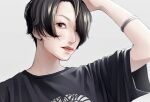  1other androgynous bracelet brown_eyes brown_hair closed_mouth earrings grey_shirt hand_in_own_hair highres jewelry looking_at_viewer original red_lips shirt short_hair short_sleeves solo stud_earrings tsunko_(9v2_q) upper_body 