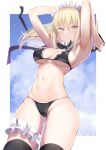  1girl armpits arms_up artoria_pendragon_(alter_swimsuit_rider)_(fate) artoria_pendragon_(alter_swimsuit_rider)_(second_ascension)_(fate) artoria_pendragon_(fate) bikini black_bikini black_legwear black_ribbon blonde_hair border breasts closed_mouth cloud fate/grand_order fate_(series) floating_hair groin highres kitajima_yuuki leg_garter long_hair looking_at_viewer maid_headdress medium_breasts navel neck_garter neck_ribbon ponytail ribbon sky solo stomach swimsuit thighhighs thighs white_border yellow_eyes 