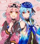  1boy 1girl ahoge animal_ears arknights beret black_hairband blue_hair blue_headwear blue_neckerchief cat_ears cat_girl coat creator_connection floppy_ears goldenglow_(arknights) hairband hat high-waist_skirt highres infection_monitor_(arknights) lightning_bolt_print looking_at_viewer mizuki_(arknights) neckerchief noinoi5551 open_clothes open_coat open_mouth pink_coat red_eyes short_hair_with_long_locks skirt smile two-tone_coat upper_body 