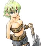  1girl amania_orz axe belt beltbra bike_shorts breasts cleavage closed_mouth dated disgaea female_warrior_(disgaea) green_eyes green_hair large_breasts looking_at_viewer makai_senki_disgaea navel pointy_ears short_hair simple_background solo twitter_username weapon 