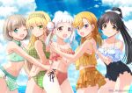  5girls :d ;d aqua_bikini arashi_chisato ass bangs bare_arms bare_shoulders bikini bikini_skirt black_hair black_swimsuit blonde_hair blue_eyes blue_sky blue_swimsuit blunt_bangs blush bow breasts casual_one-piece_swimsuit cleavage cleavage_cutout closed_mouth clothing_cutout cloud collarbone commentary_request covered_navel cowboy_shot cross-laced_bikini cross-laced_clothes double_bun eyebrows_visible_through_hair floral_print flower_knot frilled_bikini frilled_swimsuit frills green_bikini green_eyes green_hairband grey_hair hair_behind_ear hair_between_eyes hair_bow hair_ornament hair_scrunchie hairband halterneck hand_on_another&#039;s_shoulder hands_up hazuki_ren heanna_sumire high_ponytail highres horizon light_particles long_hair looking_at_viewer looking_to_the_side love_live! love_live!_superstar!! medium_breasts medium_hair multicolored_bikini multicolored_clothes multicolored_hair multiple_girls musashiya_chougenbou navel ocean off-shoulder_bikini off-shoulder_one-piece_swimsuit off_shoulder one-piece_swimsuit one_eye_closed open_mouth orange_bikini orange_hair outstretched_arms pink_hair plaid plaid_bikini plaid_hairband ponytail print_bikini print_swimsuit purple_eyes red_bikini red_eyes red_scrunchie scrunchie shibuya_kanon short_hair side-tie_bikini sky smile sparkle standing stomach streaked_hair sunlight swept_bangs swimsuit tang_keke tankini teeth twintails twitter_username two-tone_hair two-tone_swimsuit upper_teeth white_bow white_hair yellow_eyes 