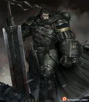  1boy after_battle arm_cannon armor berserk berserker_armor black_cape black_hair blood blood_on_weapon cape crossover dagger dragonslayer_(sword) english_commentary guts_(berserk) huge_weapon knife male_focus miura_kentarou_(mangaka) orc pauldrons planted planted_sword power_armor scar scar_on_face scar_on_nose sgt_lonely shoulder_armor solo standing sword warhammer_40k watermark weapon 