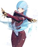  1girl attack bangs blue_hair bodysuit cofffee cowboy_shot ice_crystal kula_diamond long_hair looking_at_viewer mechanical_arms red_bodysuit red_eyes simple_background smile snowflakes solo standing the_king_of_fighters white_background 