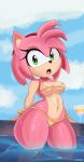  2022 absurd_res amy_rose anthro bikini breasts clothed clothing cranihum digital_media_(artwork) eulipotyphlan female hair hedgehog hi_res mammal pink_body pink_hair sega solo sonic_the_hedgehog_(series) swimwear water wide_hips 