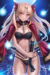  1girl bangs bikini black_bikini black_gloves blonde_hair bow breasts cape cleavage earrings elbow_gloves ereshkigal_(fate) fate/grand_order fate_(series) fur_trim gloves hair_bow highres ironatsuki jewelry long_hair looking_at_viewer medium_breasts multi-strapped_bikini nail_polish navel parted_bangs parted_lips red_eyes single_elbow_glove solo standing stomach string_bikini swimsuit thighs two_side_up wading water wet 