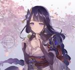  1girl armor black_gloves braid breasts bridal_gauntlets cherry_blossoms cleavage dango eating flower food fushitasu genshin_impact gloves hair_flower hair_ornament japanese_armor long_hair long_sleeves nail_polish obijime purple_eyes purple_hair purple_nails raiden_shogun single_braid sweat wagashi 