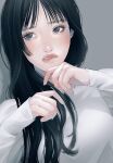  1girl absurdres biting black_eyes black_hair fingernails grey_background grey_nails hair_over_shoulder highres lip_biting long_hair long_sleeves looking_to_the_side nail_polish original parted_lips simple_background solo sweater tsunko_(9v2_q) upper_body white_sweater 