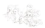  action_scene aishasoup ambiguous_gender anthro bayleef bone claws eeveelution fangs feral grin group monochrome nintendo pok&eacute;mon pok&eacute;mon_(species) sai_(sylveon) simple_background sketch skull skull_head smile sylveon teeth typhlosion video_games white_background zigzagoon 