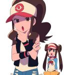  2girls :d :o baseball_cap black_legwear black_vest blush bow breasts bright_pupils brown_eyes brown_hair denim denim_shorts double_bun eyelashes green_eyes hand_on_own_chin hat high_ponytail highres hilda_(pokemon) imitating legwear_under_shorts long_hair multiple_girls open_mouth pantyhose pink_bow pokemon pokemon_(game) pokemon_bw pokemon_bw2 pokemon_masters_ex raglan_sleeves rosa_(pokemon) shirt shorts sidelocks sleeveless sleeveless_shirt smile stroking_own_chin thinking tongue twintails tyako_089 vest visor_cap white_pupils white_shirt wristband yellow_shorts 