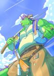  2022 anthro asian_mythology bait belt blue_clothing blue_topwear blue_vest bottomwear box brown_bottomwear brown_clothing brown_shorts bucket cargo_shorts clothing cloud colored container dragon east_asian_mythology eastern_dragon fishing_rod fur green_body green_scales hi_res low-angle_view male mane morenatsu multicolored_body multicolored_fur muscular muscular_male mythology purple_mane satchel scales scalie shorts sky slightly_chubby solo tan_body tan_scales tatsuki_(morenatsu) tongue tongue_out topwear two_tone_body two_tone_fur vest video_games visual_novel zenyama_xin 
