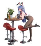  1girl alcohol animal_ears arm_under_breasts bangs bare_shoulders black_leotard blue_hair blush breasts brown_legwear collar commentary_request fake_animal_ears fake_tail hairband high_heels highleg highleg_leotard highres leaning_forward leotard long_hair looking_at_viewer medium_breasts menu mungersky original pantyhose playboy_bunny pointy_ears rabbit_ears rabbit_tail red_eyes sideboob simple_background solo standing standing_on_one_leg stool table tail thigh_strap white_background wrist_cuffs 