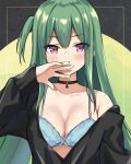  1girl arm_up bare_shoulders black_choker black_jacket blue_bra bra breasts choker cleavage collarbone covering_mouth green_hair highres jacket long_hair long_sleeves looking_at_viewer medium_breasts mimura_zaja off_shoulder one_side_up original red_eyes solo spaghetti_strap underwear upper_body 