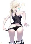  1girl absurdres artoria_pendragon_(fate) ass bangs bare_shoulders black_camisole black_panties black_shorts blonde_hair blush breasts camisole fate/grand_order fate_(series) food highres long_hair looking_at_viewer looking_back low_ponytail medium_breasts mouth_hold panties panty_pull popsicle saber_alter_(ver._shinjuku_1999)_(fate) shidou_(x_2903) shorts solo thighs underwear 