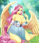  anthro anthrofied big_breasts breasts cleavage clothed clothing equid equine feathers fluttershy_(mlp) friendship_is_magic hair mammal my_little_pony pegasus pink_hair spottedtigress wings yellow_body yellow_feathers 