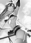  1girl arm_behind_head arm_up armpits ass bangs bikini bikini_top_only breasts cloud elbow_gloves fingerless_gloves flame_print floating_hair from_side gloves greyscale grin gun hair_ornament highres holding holding_gun holding_weapon large_breasts long_hair looking_at_viewer monochrome mugetsu2501 navel outdoors ponytail rifle scope skull_hair_ornament sky smile sniper_rifle solo stomach swimsuit teeth tengen_toppa_gurren_lagann thighhighs twisted_torso weapon yoko_littner 