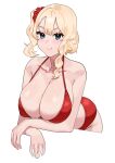  1girl absurdres arms_under_breasts bangs bare_shoulders bikini blonde_hair blue_eyes blush breasts cleavage fffukuzawa halterneck heart highres large_breasts leaning_forward looking_at_viewer one_side_up original red_bikini simple_background smile solo swimsuit symbol-only_commentary v-shaped_eyebrows white_background 