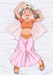  1girl absurdres arabian_clothes bangs bed_sheet blue_eyes blush breasts brown_hair choker clenched_hands collarbone commentary_request covered_nipples eyebrows_visible_through_hair eyelashes from_above full_body highres knees_together_feet_apart looking_at_viewer lying may_(pokemon) medium_hair midriff miraa_(chikurin) navel nervous_smile on_back open_mouth orange_shirt pink_skirt pokemon pokemon_(anime) pokemon_dppt_(anime) sandals shirt short_sleeves skirt solo sweat toes tongue 