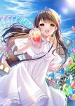  1girl :d absurdres amusement_park bag balloon bangs blue_sky bracelet brown_eyes brown_hair castle cloud commentary_request cup day disposable_cup dress drink drinking_straw earrings eyebrows_visible_through_hair ferris_wheel hair_blowing handbag highres holding holding_drink jewelry koyama_sao lamppost long_hair looking_at_viewer necklace open_mouth original outdoors sky smile solo teeth tree upper_teeth white_dress 