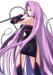  1girl absurdres bangs bare_shoulders black_dress breasts detached_sleeves dress facial_mark fate/grand_order fate/stay_night fate_(series) forehead_mark highres large_breasts long_hair looking_at_viewer medusa_(fate) medusa_(rider)_(fate) nameless_dagger_(fate) purple_eyes purple_hair shidou_(x_2903) short_dress solo thighhighs thighs very_long_hair 