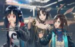  3girls amiya_(arknights) animal_ears arknights ascot bangs black_choker black_dress black_hair black_jacket blue_ascot blue_choker blue_eyes blurry blurry_background brown_hair cat_ears choker closure_(arknights) commentary_request dress hair_ornament highres jacket long_hair long_sleeves mandragora_(arknights) multiple_girls off-shoulder_dress off_shoulder one_side_up open_clothes open_jacket open_mouth pointing pointy_ears rabbit_ears red_eyes shirt short_hair t-shirt translated upper_body welt_(kinsei_koutenkyoku) white_shirt 