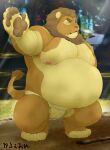  2022 absurd_res anthro asian_clothing belly big_belly bodily_fluids clothing doggycoffee east_asian_clothing eyes_closed felid hi_res humanoid_hands japanese_clothing kemono lion male mammal mawashi moobs nipples obese obese_male overweight overweight_male pantherine solo sumo sumo_ring sweat 