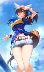  1girl :d \m/ absurdres animal_ears arm_up bangs blue_hair blue_nails blue_shirt blue_sky blush bracelet breasts brown_hair clothing_cutout cloud commentary_request cowboy_shot daitaku_helios_(umamusume) day denim denim_shorts ear_covers ear_ornament eyebrows_visible_through_hair from_below hair_between_eyes hair_ornament hairclip highres horse_ears horse_girl horse_tail jewelry koikeya large_breasts long_hair looking_at_viewer midriff_peek multicolored_hair navel necklace open_mouth shirt short_shorts short_sleeves shorts shoulder_cutout sidelocks sky smile solo standing streaked_hair sweat tail tied_shirt two-tone_hair umamusume v wristband yellow_belt yellow_eyes 